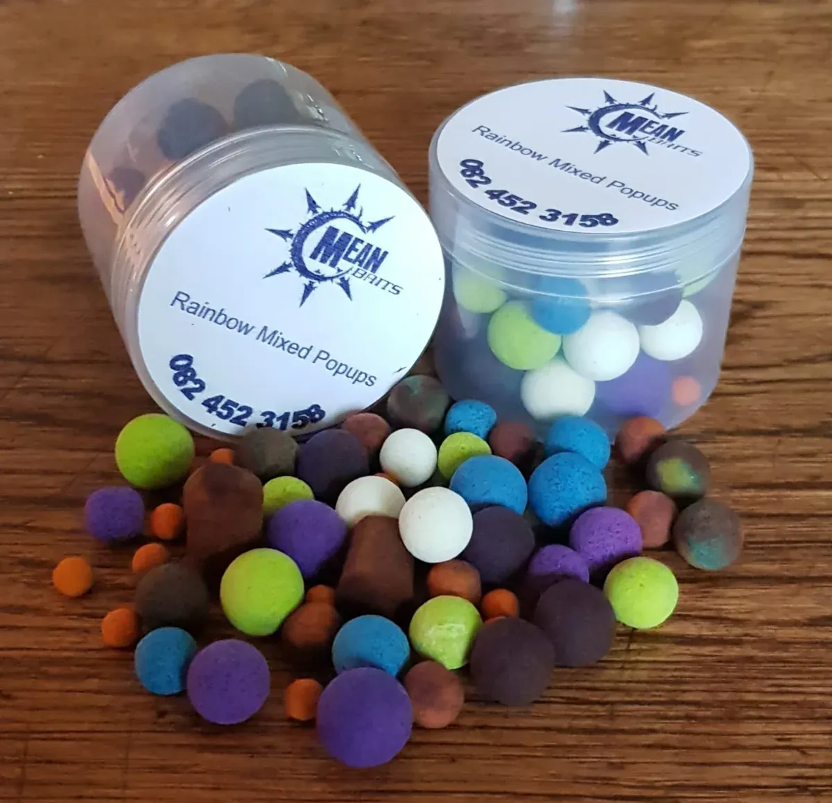 Tubs of Mean Baits pop-ups in mixed colours